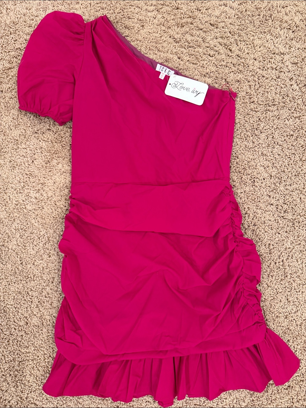TCEC One-Shoulder Puff Sleeve Dress in Fuchsia